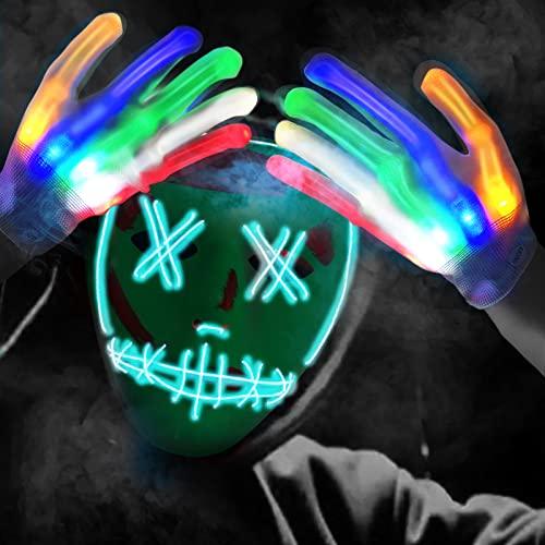 Halloween Scary Mask with LED Gloves Kit, LED Costume Mask EL Wire Light Up Mask for Halloween Costume Festival Cosplay - Glow-Paradise