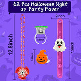 62 PCS Light up Halloween Toys Gifts Party Favors,50 LED Rings 6 Spin Necklaces 6 Glow Bracelets for Kids Stress Relief Fidget Toy Halloween Party Supplies Glow in The Dark Halloween Treat Bag Filler - Glow-Paradise