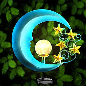 TOMBABY Solar Metal Star Moon Garden Lights -Crackle Glass Globe Outdoor Yard Stake for Lawn, Pathway, Patio or Courtyard - Glow-Paradise