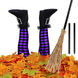 RUODON Halloween Witch Legs 13 Inches Upside Down Wicked Witch Legs Prop with Broomstick and Maple Leaves for Patio, Yard Witch Legs Decorations, Purple and Black - Glow-Paradise