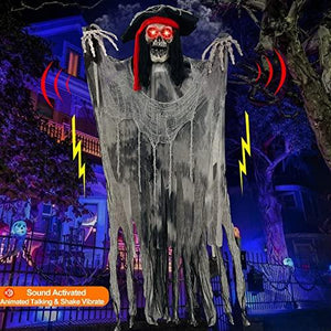 [ Sound Activated & Large ] 70 Inch Halloween Hanging Animated Talking Pirate Ghost Decoration Light up Eyes Shake Life Size Skull Skeleton Halloween Decor Outdoor Haunted House Prop Yard Party - Glow-Paradise