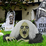 Prextex Halloween Gray Haired Zombie Skull with Posable Skeletal Hands - Best Halloween Decoration Prop for Garden, Lawn, car - Glow-Paradise