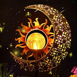 LICKLIP Garden Solar Lights Outdoor Decorative, Sun & Moon Crackle Glass Globe Metal Stake Light, Waterproof Warm White LED Light, Decorations for Pathway Lawn Patio Courtyard Backyard (1 Pack) - Glow-Paradise