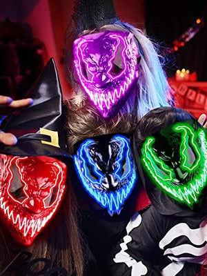 Venobat Halloween Mask LED Light Up Mask for Adults Kids - 4 Pack Cool Neon Glow Mask with Dark and Evil Glowing Eyes 3 Lighting Modes El Wire for Halloween Costume Festival Cosplay (Red+Blue+Purple+Green) - Glow-Paradise