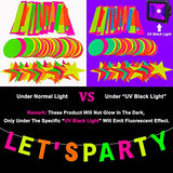 502 Feet Paper Neon Garland Streamers Let's Party Banner UV Black Lights Glow in The Dark Party Supplies Decorations Reactive Fluorescent Blacklight Party Wedding Birthday Neon Party Favors - Glow-Paradise