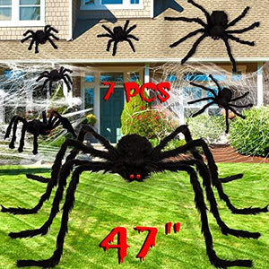 jollylife 7PCS Halloween Decorations Outdoor Fake Giant Spiders - Scary Props for Yard Haunted House Indoor Party Decor Supplies (47”×1pcs, 30”×1pcs, 20”×2pcs, 12”×3pcs) - Glow-Paradise