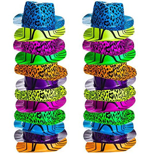 Neon Party Hats - 24 Pack - Plastic Gangster Hats - 80s Party Hats - Animal Print Party Hats by Funny Party Hats - Glow-Paradise