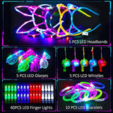 Light Up Birthday Halloween Party Supplies - 65 Pack Glow In The Dark Neon Disc LED Party Favors Toys for Adults Kids, 5 LED Flashing Glasses 5 Headbands 10 Bracelets 5 Necklaces 40 Finger Lights - Glow-Paradise