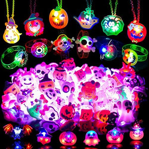 Halloween Party Favors for Kids - 42 PCS LED Halloween Light Up Toys including Necklaces Rings Bracelets Brooches,Glow in the Dark Halloween Decorations,Halloween Treats Non Candy Goodie Bag Fillers - Glow-Paradise