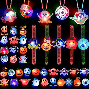 62 PCS Halloween Party Favors Toys for Kids Light Up Halloween Led Rings Necklaces Bracelets Brooch - Glow in the Dark Party Supplies Halloween Goodie Bag Fillers, Non Candy Halloween Treats Halloween Prizes for Kids - Glow-Paradise