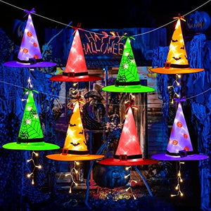 Joomer Halloween Decorations Lighted Witch Hats, 8Pcs Hanging Glowing Witch Hats 44ft Halloween Outdoor Lights String with 8 Lighting Modes for Outdoor, Garden, Yard, Tree - Glow-Paradise