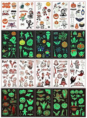 Temporary Tattoos for Kids - 200 Styles Waterproof Mixed Style Halloween Cartoon Fake Tattoo, Glow in The Dark Spider Bat Witch Pumpkin Ghost Tattoo, Boys Girls Party Supplies Favor (20Sheets) - Glow-Paradise