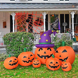 Outdoor Halloween Decorations Inflatables Yard Blow Up Decor Lawn Light Up Happy Pumpkin Family LED Light Up 9 feet x 4.5 feet by HappyThings! - Glow-Paradise