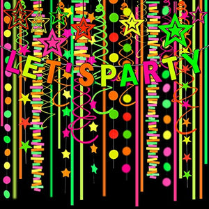 502 Feet Paper Neon Garland Streamers Let's Party Banner UV Black Lights Glow in The Dark Party Supplies Decorations Reactive Fluorescent Blacklight Party Wedding Birthday Neon Party Favors - Glow-Paradise
