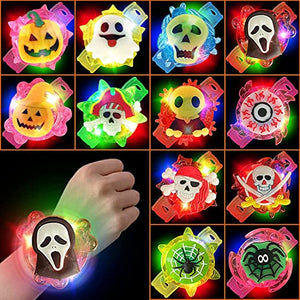 12 Pack Halloween Led Light Up Spin Bracelets Party Favors for Kids Halloween Toys Ghost Skull Eyeball Pumpkin Spider Web Glow in the Dark Halloween Party Games Supplies Trick or Treat Gift - Glow-Paradise