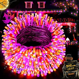 197FT Orange Purple Halloween Lights Outdoor, 500LEDs Plug-in Fairy String Light with 8 Lighting Modes & Timer Waterproof for Home Garden Yard Xmas Holiday Party Thanksgiving Festival Decoration - Glow-Paradise