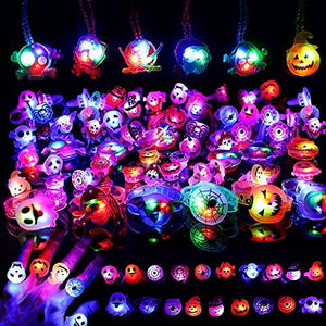Halloween Party Favors Kids Toys - 82 PCS Halloween Glow In The Dark Party Supplies, 50 Rings + 20 Brooches + 6 LED Necklaces + 6 Flash Bracelets, Halloween Goodie Bag Fillers Kids Party Decorations - Glow-Paradise
