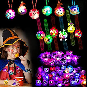Halloween Party Favors for Kids - 54 Pack Light Up Halloween Toys Flash Rings Necklaces Bracelets Brooches LED Halloween Kids Toys Glow in the Dark Party Supplies for Halloween Decorations Party Games Gift - Glow-Paradise