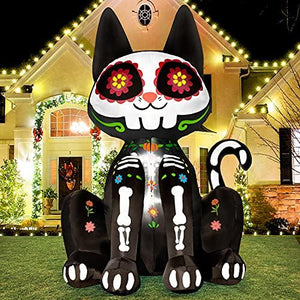 Rocinha 5.9 Ft Halloween Decorations Inflatable Black Cat Halloween Sugar Skull Blow Up Outdoor Lighted Yard Prop Home Lawn Party Decor, Day of The Dead Cat for Indoor Outdoor - Glow-Paradise