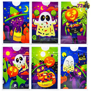JOYIN 72 Pcs Halloween Small Plastic Treat Bags with 6 Character Designs, Halloween Mini Candy Bags, Small Trick or Treat Bags, Plastic Goodie Bags for Halloween Party Favors - Glow-Paradise