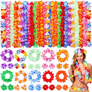 70 Counts Hawaiian Leis Bulk Luau Party Decorations Hawaiian Tropical Party Favors Lei for Adults Kids Hawaii Silk Flower Leis Necklaces Headbands Wristbands Hawaiian Luau Party Supplies Floral Leis - Glow-Paradise