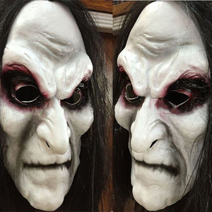 Creepy Mask Scary Challenge Games - Evil Latex Mask with Long Hair - Halloween Costume Creepy Cosplay Party Props (B) - Glow-Paradise