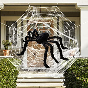 Outdoor Halloween Decorations Spider Web 5 FT Giant Spider + Diameter of 11.8 FT Circular Spider Web + 60g Spider Web + 6 Tiny Spiders - Glow-Paradise