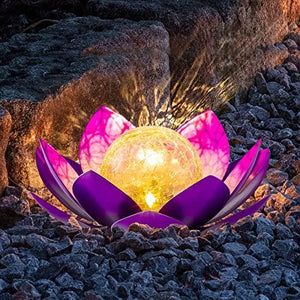 Solar Light Outdoor(2Pack), Art Crackle Globe Glass Lotus Decoration, Solar LED Waterproof Purple Metal Flower Lights for Patio,Lawn,Walkway,Tabletop - Glow-Paradise