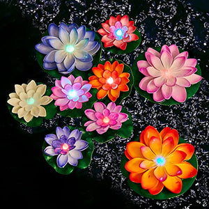 9 Pack Floating Pool Lights Lotus Flower Lantern Artificial Foam LED Lifelike Pool Lights Battery Operated Pool Lantern Pond Decoration Candles Pad (Bright Color, Colorful Light, 3.94 Inch, 5.91 Inch) - Glow-Paradise