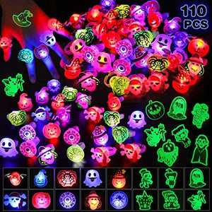 Garma 110Pcs Halloween Party Favors Bulk Include 50Pcs Halloween LED Light Up Rings+60Pcs Light Up Tattoo Stickers For Boys Girls Halloween Gift Party Decoration, Halloween Party Supplies - Glow-Paradise