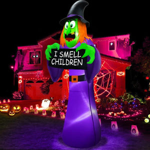 TURNMEON 8 Ft Giant Halloween Inflatables Witch Outdoor Decorations, Scary Witch Holds I Smell Children Banner LED Lights Blow Up Yard Halloween Decor Garden Lawn Holiday Party Home with Stakes Tether - Glow-Paradise