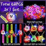 62 PCS Light up Halloween Toys Gifts Party Favors,50 LED Rings 6 Spin Necklaces 6 Glow Bracelets for Kids Stress Relief Fidget Toy Halloween Party Supplies Glow in The Dark Halloween Treat Bag Filler - Glow-Paradise