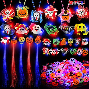 80 Pcs LED Halloween Party Favors for Kids Adults, Glow in the Dark Halloween Party Supplies Halloween Treats Goodies Bag 50 Flash Rings 6 Light up Spin Necklaces 6 Bracelets 6 Hair Lights 12 Brooches - Glow-Paradise