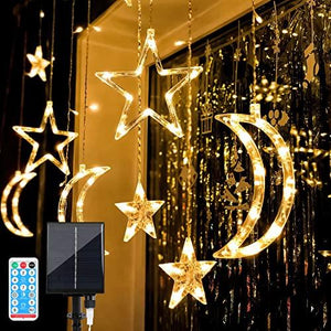 Techip Solar String Lights Outdoor 138LED Solar Powered Curtain Lights Window Lights Solar Star Moon Lights Twinkle LED Fairy Lights for Backyard Garden Patio Home Christmas Holiday Ramadan Decoration - Glow-Paradise