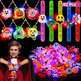 62 PCS Light up Halloween Toys Gifts Party Favors,50 LED Rings 6 Spin Necklaces 6 Glow Bracelets for Kids Stress Relief Fidget Toy Halloween Party Supplies Glow in The Dark Halloween Treat Bag Filler - Glow-Paradise