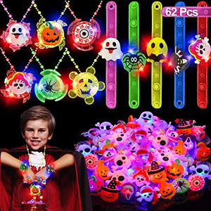 62 PCS Light up Halloween Toys Gifts Party Favors,50 LED Rings 6 Spin Necklaces 6 Glow Bracelets for Kids Stress Relief Fidget Toy Halloween Party Supplies Glow in The Dark Halloween Treat Bag Filler - Glow-Paradise