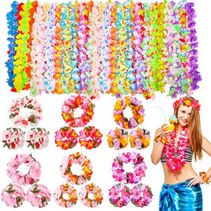 Garma Hawaiian Leis, 72Pcs Luau Party Supplies Including 36Pcs Necklace, 12Pcs Headbands and 24Pcs Wristbands, Tropical Themed Party Favors Flower Leis Beach Party Decoration for Summer Vacation, Birthday, Wedding - Glow-Paradise
