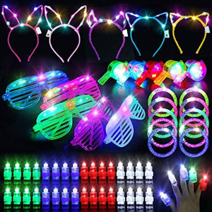 Light Up Birthday Halloween Party Supplies - 65 Pack Glow In The Dark Neon Disc LED Party Favors Toys for Adults Kids, 5 LED Flashing Glasses 5 Headbands 10 Bracelets 5 Necklaces 40 Finger Lights - Glow-Paradise