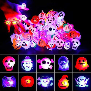 DECORLIFE 50 PCS Halloween Light Up Rings, Halloween Party Favors for Kids, Glow in The Dark Ring, Led Flash Finger Lights, Pumpkin, Ghost, Eyeball, Spider - Glow-Paradise