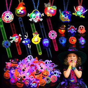 YUJUN 68PCS Halloween Light up Toys,Halloween Party Favors Flashing Ring Bracelets Necklace Trinkets Glow in The Dark LED Finger Lights for Kids Halloween Treats Games Gifts Prizes Non Candy Goodie Bag Fillers (4 Style) - Glow-Paradise
