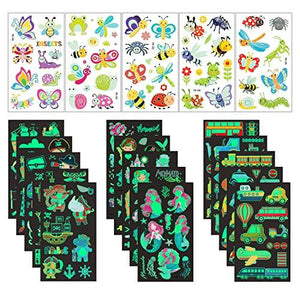 Luminous Temporary Tattoos for Kids, 224pcs Mixed Style Patterns Fake Funny Cute Waterproof Cartoon Tattoo with Mermaid, Pirate, Insect, Traffic Car for Kids Boys Girls Party Supplies Favor (20 Sheets) - Glow-Paradise