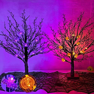 [ 2 Pack ] 24 Inch Orange & Purple Lights Black Halloween Tree Decor with Timer, DIY 25 Bats & 25 Pumpkins Light Ornaments Battery Operated Tabletop Black Spooky Tree Halloween Decorations Indoor Home - Glow-Paradise
