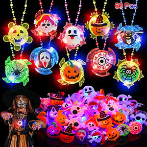 60PCS Halloween Party Favors for Kids, 50 LED Flash Rings & 10 Light Up Necklaces Fidget Toys Halloween Toys Gifts Ghost Pumpkin Glow in the Dark Party Supplies Halloween Treat Goodie Bag Fillers - Glow-Paradise
