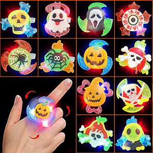 Halloween Spin LED Rings 12 Pack Fidget Light Up Rotating Rings Halloween Party Favors for Kids Skull Eyeball Ghost Spider Web Pumpkin Glow in The Dark Halloween Party Games Supplies Toys Gifts - Glow-Paradise