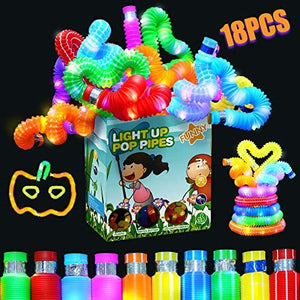 Halloween Light Up Toys for Kids -18 Pack LED Pop Pipes Tubes Bracelets Glow in The Dark Sticks Fidget Toys, Neon Rainbow Birthday Wedding Music Party Favors Supplies Goodie Bag Stuffers Gifts - Glow-Paradise