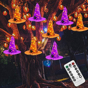 Twinkle Star Halloween Decorations 8 Pcs Lighted Hanging Witch Hats, 14ft 56 LEDs Halloween Indoor Outdoor Remote Control String Lights, Battery Powered with 8 Lighting Modes for Garden, Yard, Tree - Glow-Paradise