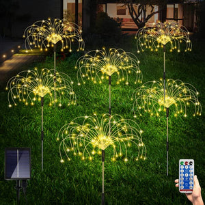 6 Pack Solar Garden Lights Outdoor, Firework Lights 8 Modes with Remote DIY Outdoor Decor,120 LED Waterproof Garden Fireworks Lamp, Landscape Outdoor Light for Pathway Backyard Lawn (Warm White) - Glow-Paradise