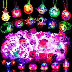 Halloween Flash LED Light Up Necklaces Rings Bracelets Brooches Toys Treats Glow in the Dark Party Supplies (42 Pieces Per Pack) - Glow-Paradise