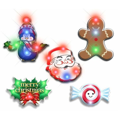 Assorted Style Christmas Flashing Blinky Body Light Lapel Pins (25 Per Pack) - Glow-Paradise