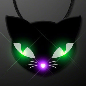 Black Kitty Cat Glowing Green Spooky Halloween Eyes Flashing Blinky Light Necklace (1 Per Pack) - Glow-Paradise